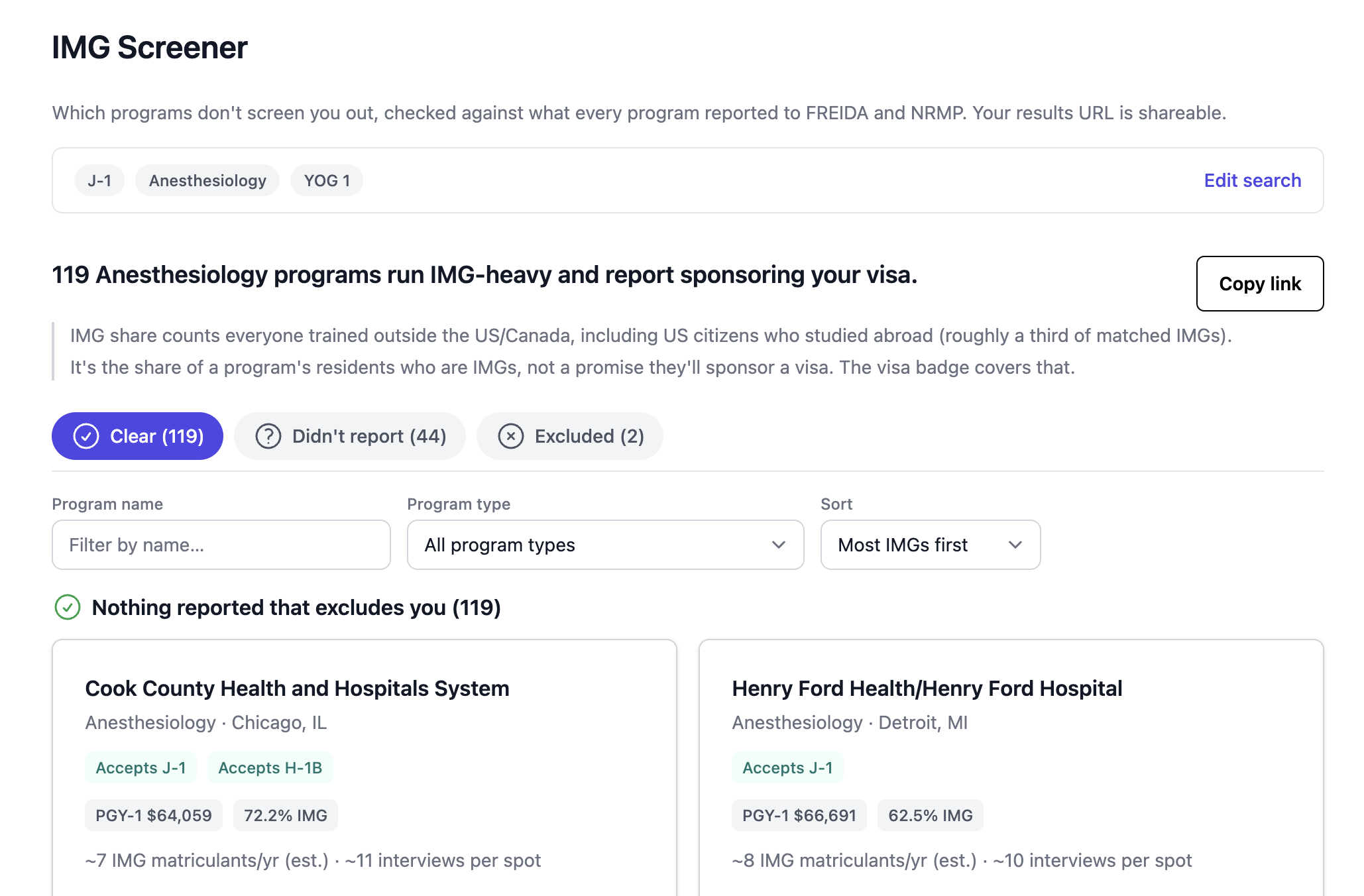 Signout's IMG screener, showing residency programs filtered by visa sponsorship